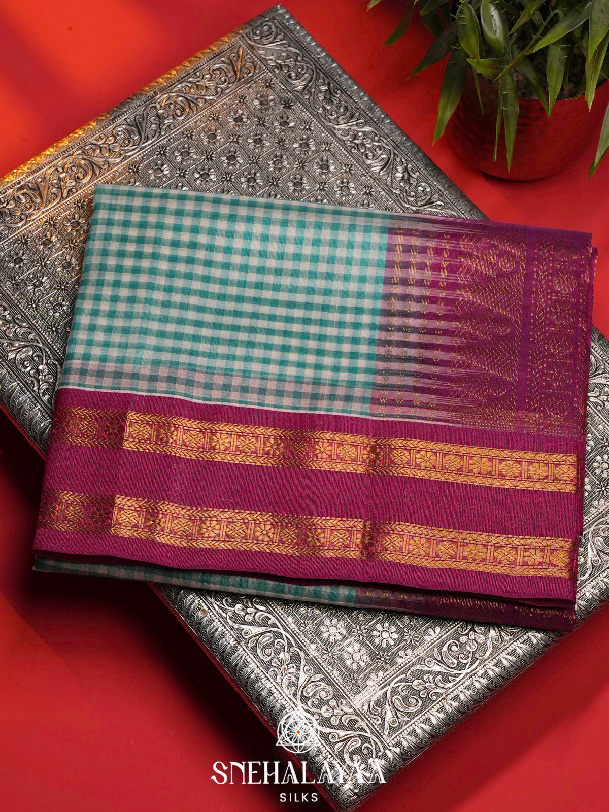 Teal Blue Checks Kanchi Silk Cotton Saree