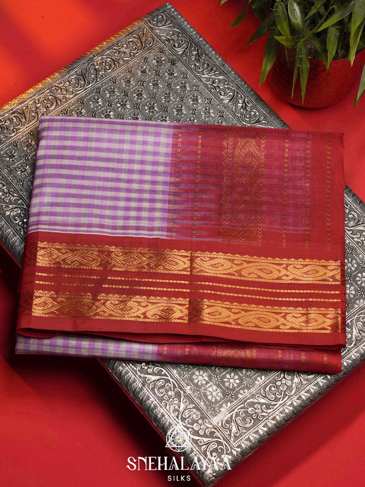 Lavender Checks Kanchi Silk Cotton Saree