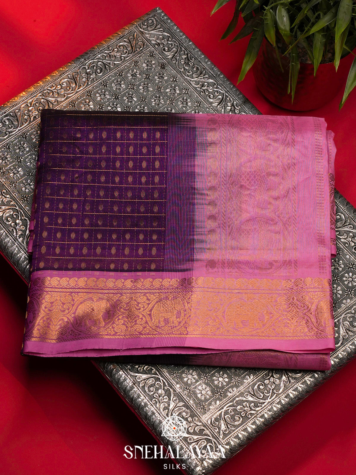 Purple Kanchi Silk Cotton Saree with 1000 Buttas