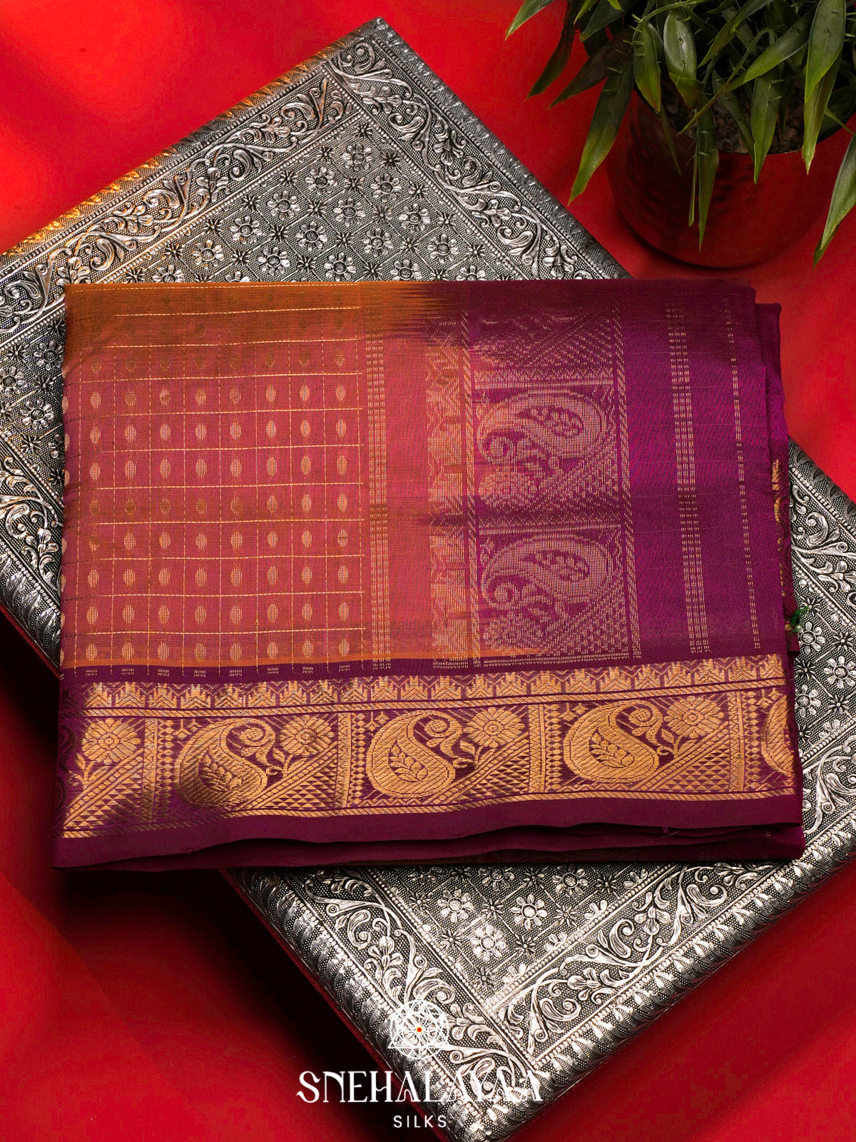 Rust Orange Kanchi Silk Cotton Saree with 1000 Buttas