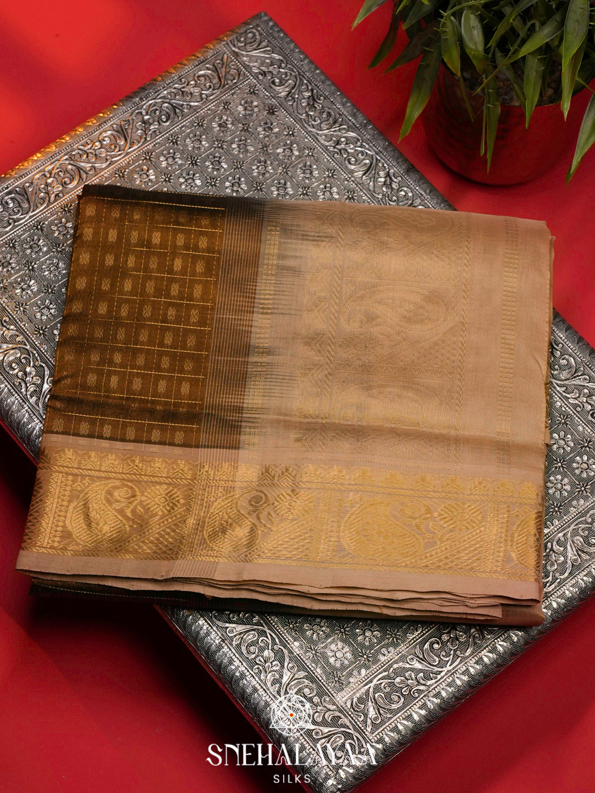 Olive Brown Kanchi Silk Cotton Saree with 1000 Buttas