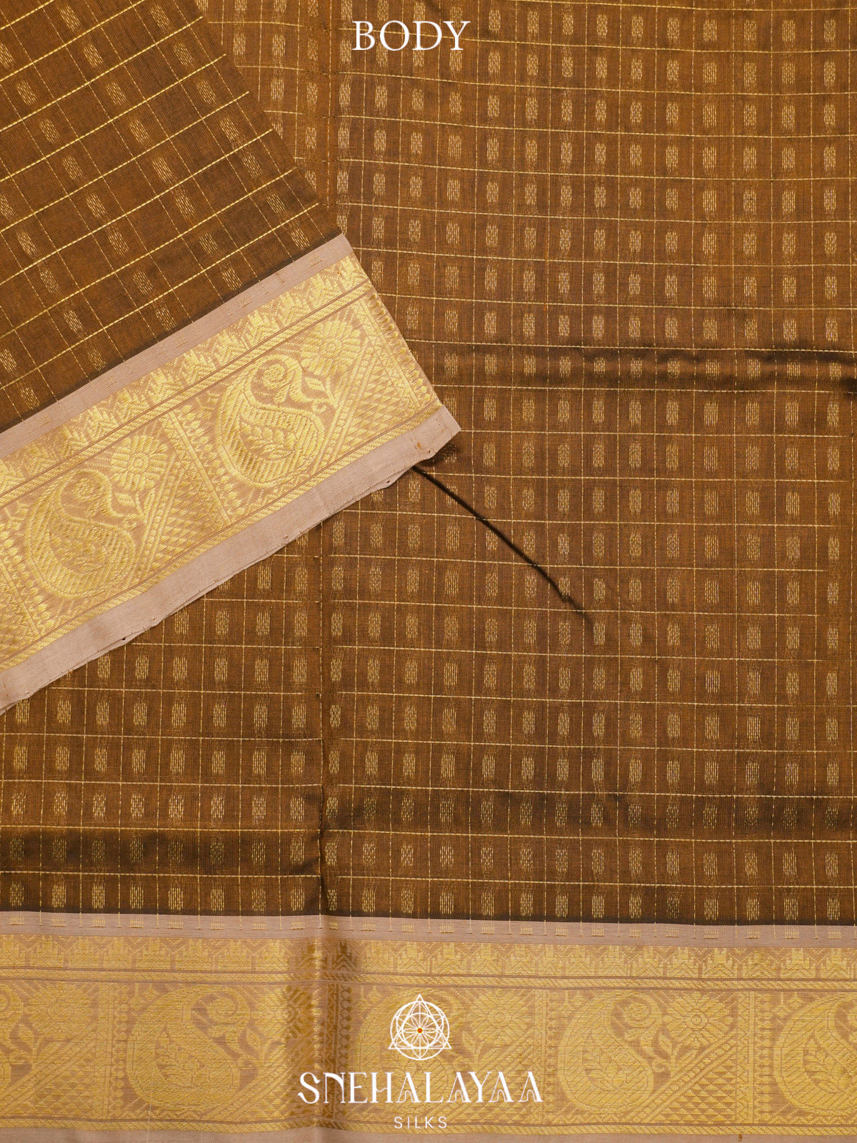 Olive Brown Kanchi Silk Cotton Saree with 1000 Buttas