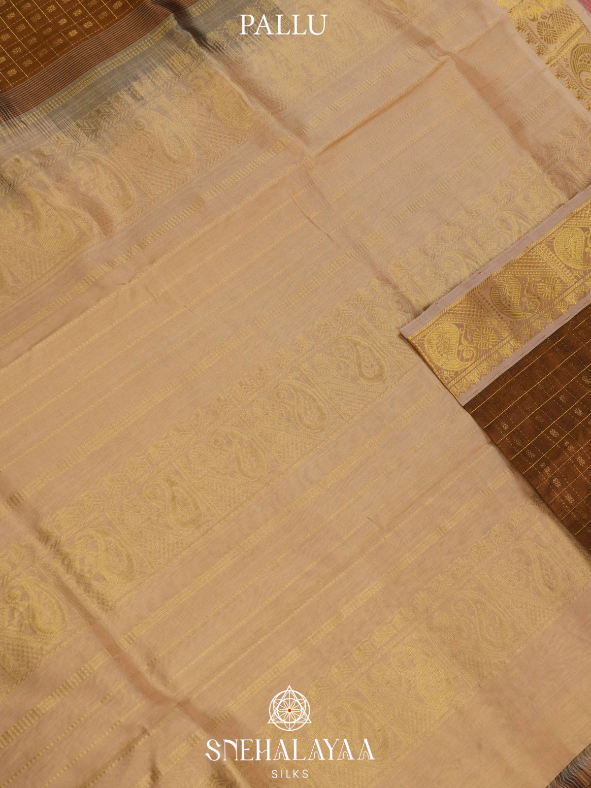 Olive Brown Kanchi Silk Cotton Saree with 1000 Buttas