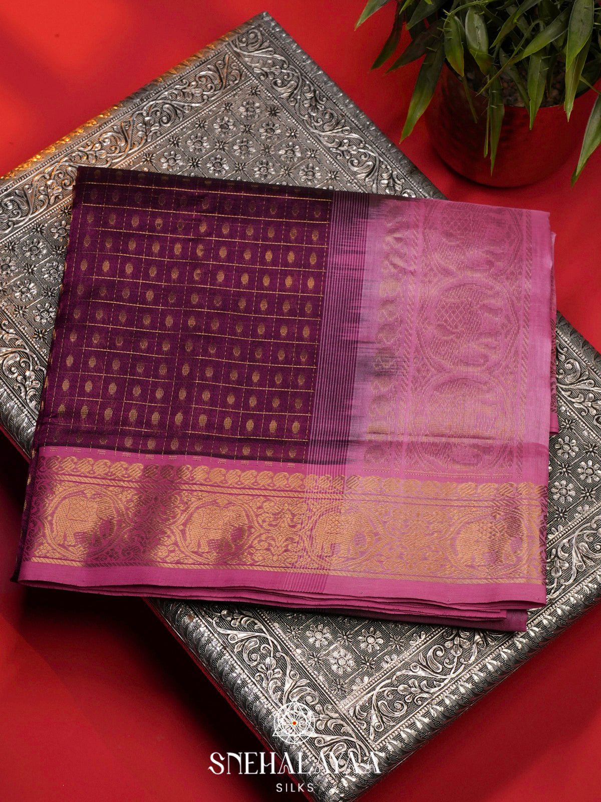 Purple Kanchi Silk Cotton Saree with 1000 Buttas