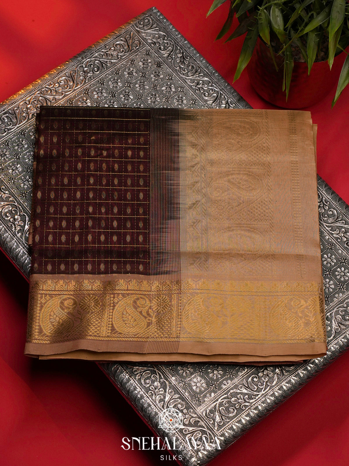 Brown Kanchi Silk Cotton Saree with 1000 Buttas