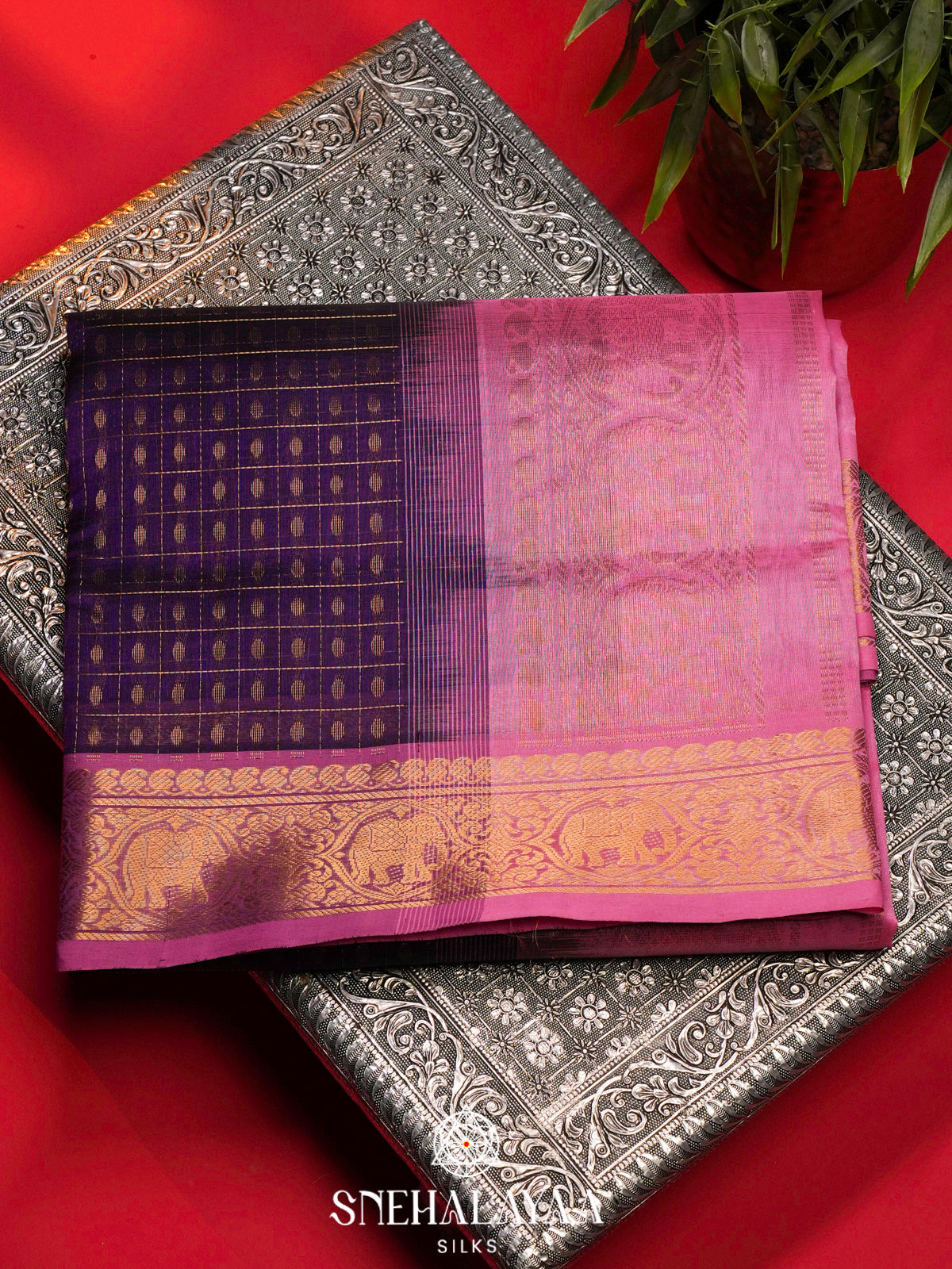 Purple Kanchi Silk Cotton Saree with 1000 Buttas
