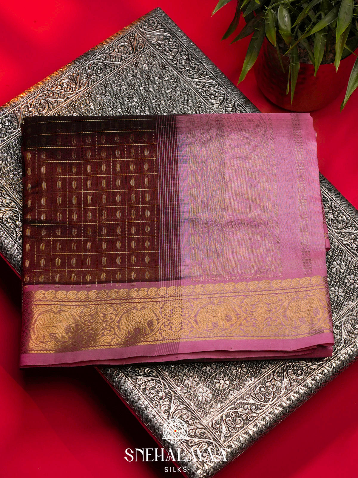 Maroon Kanchi Silk Cotton Saree with 1000 Buttas