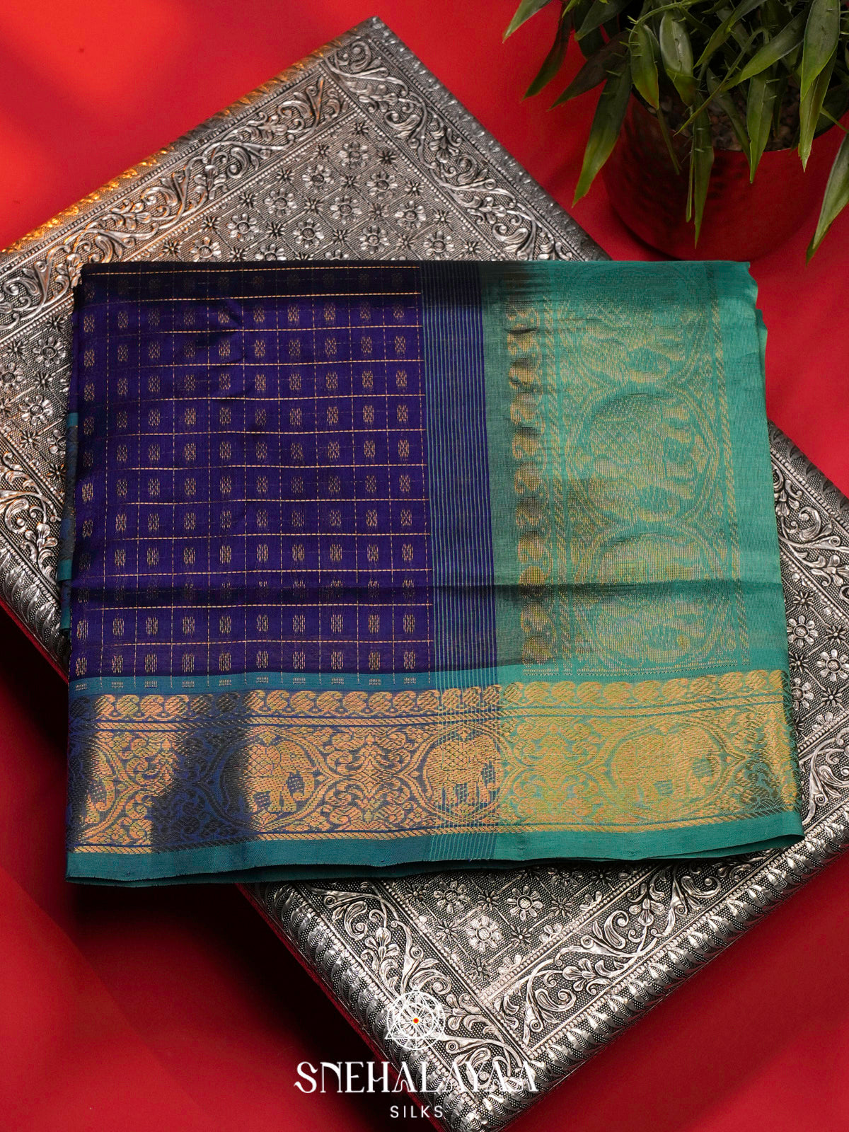 Blue Kanchi Silk Cotton Saree with 1000 Buttas