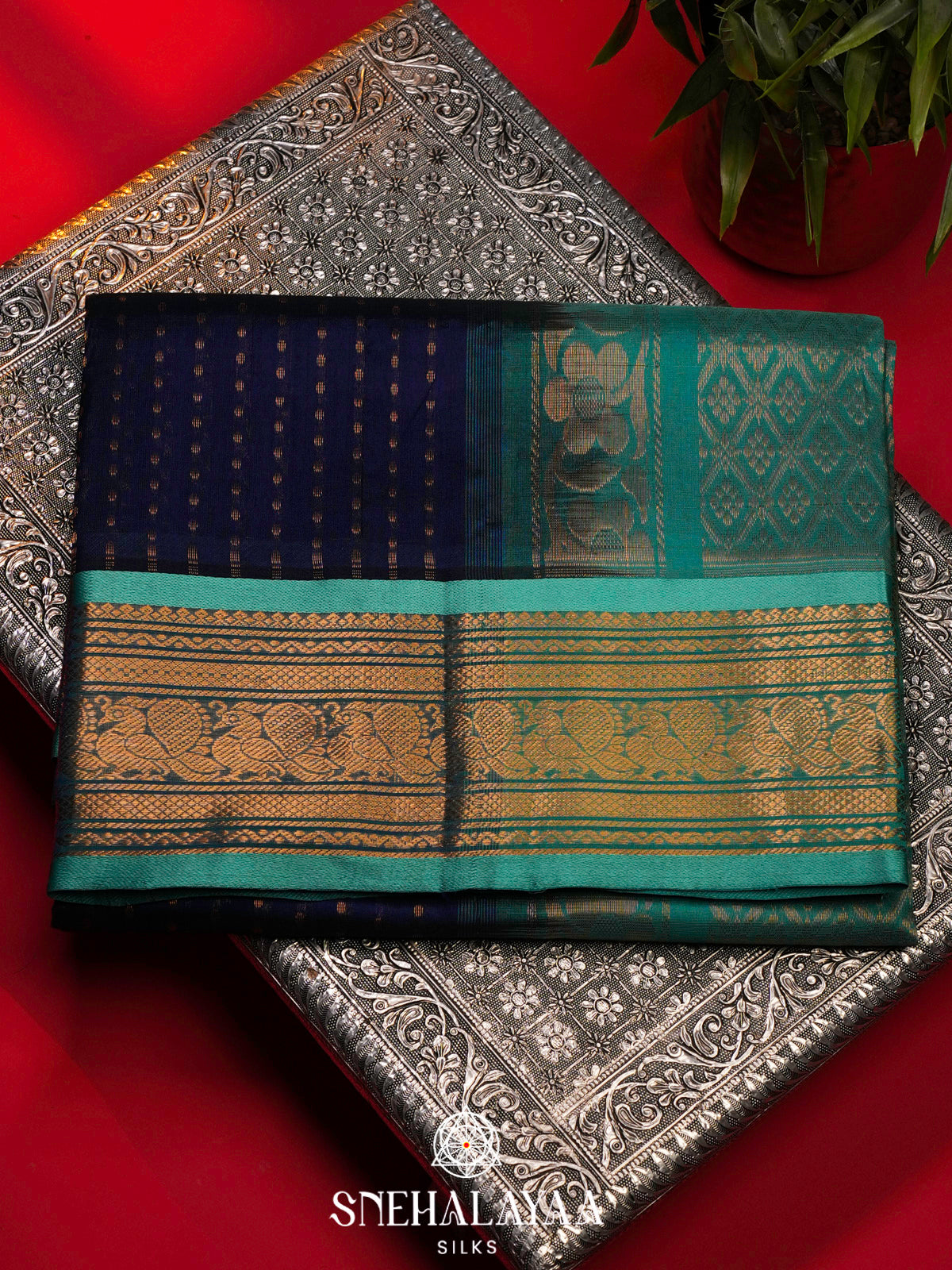 Navy Blue Kanchi Silk Cotton Saree with 1000 Buttas