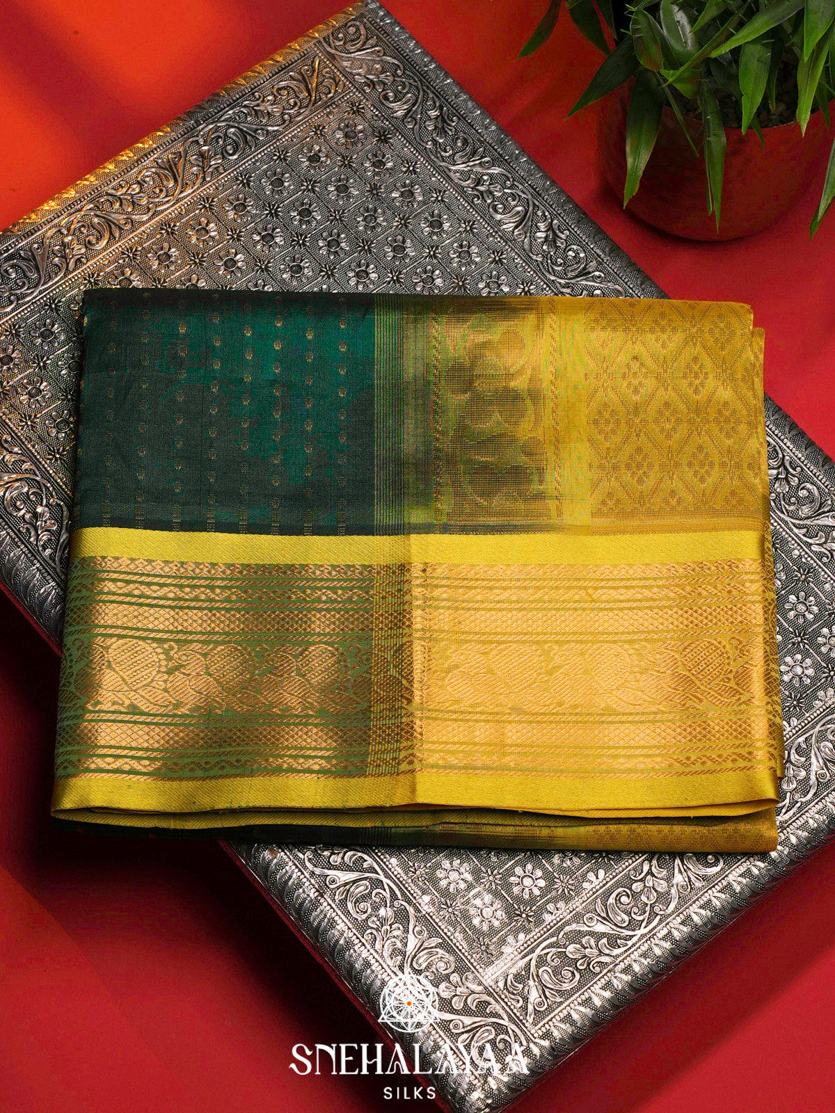 Green Kanchi Silk Cotton Saree with 1000 Buttas