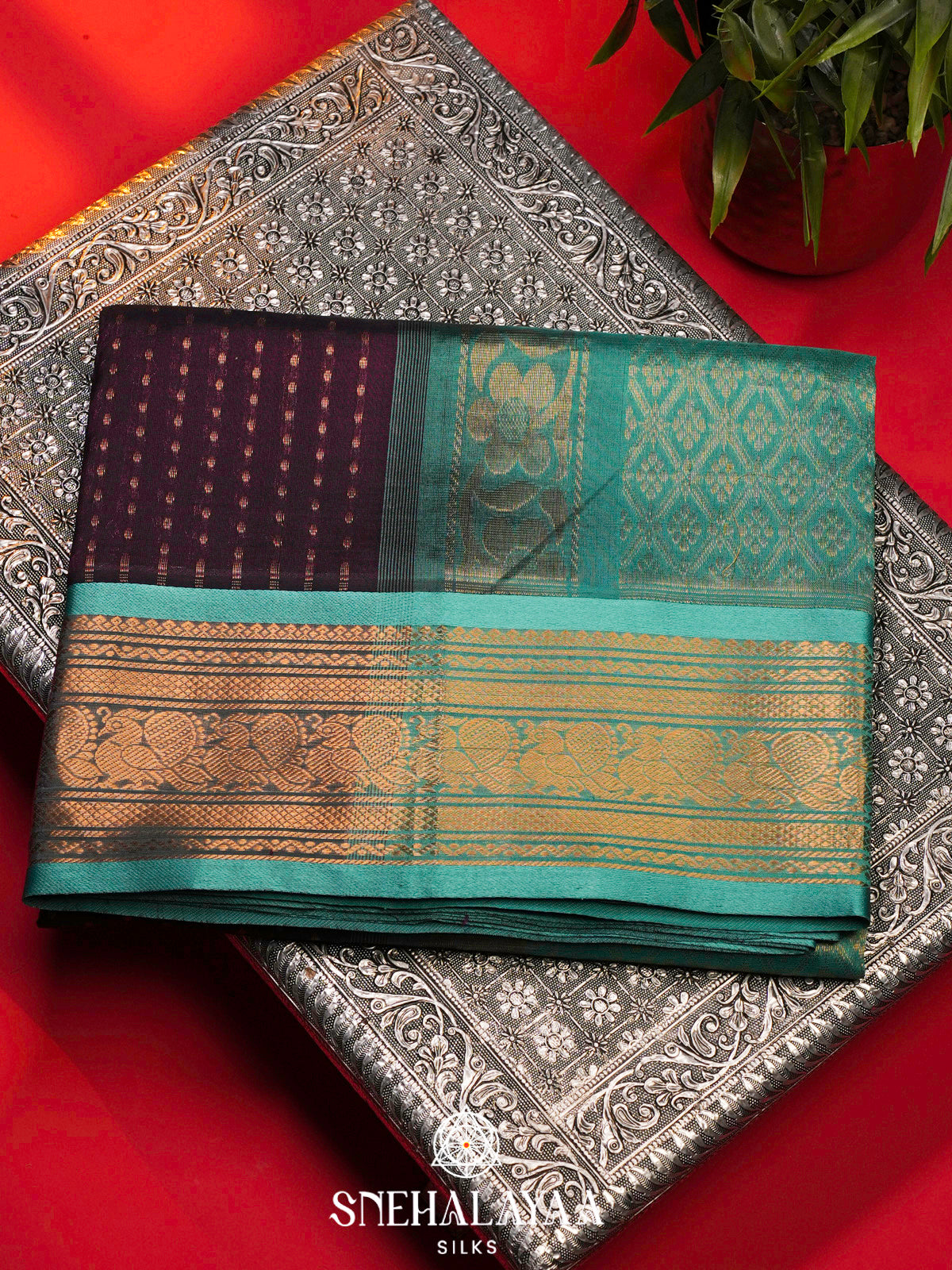 Wine Kanchi Silk Cotton Saree with 1000 Buttas