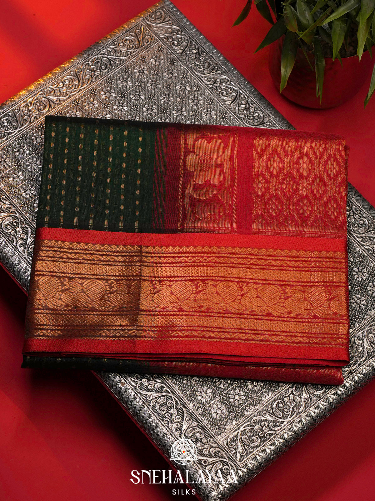 Green Kanchi Silk Cotton Saree with 1000 Buttas
