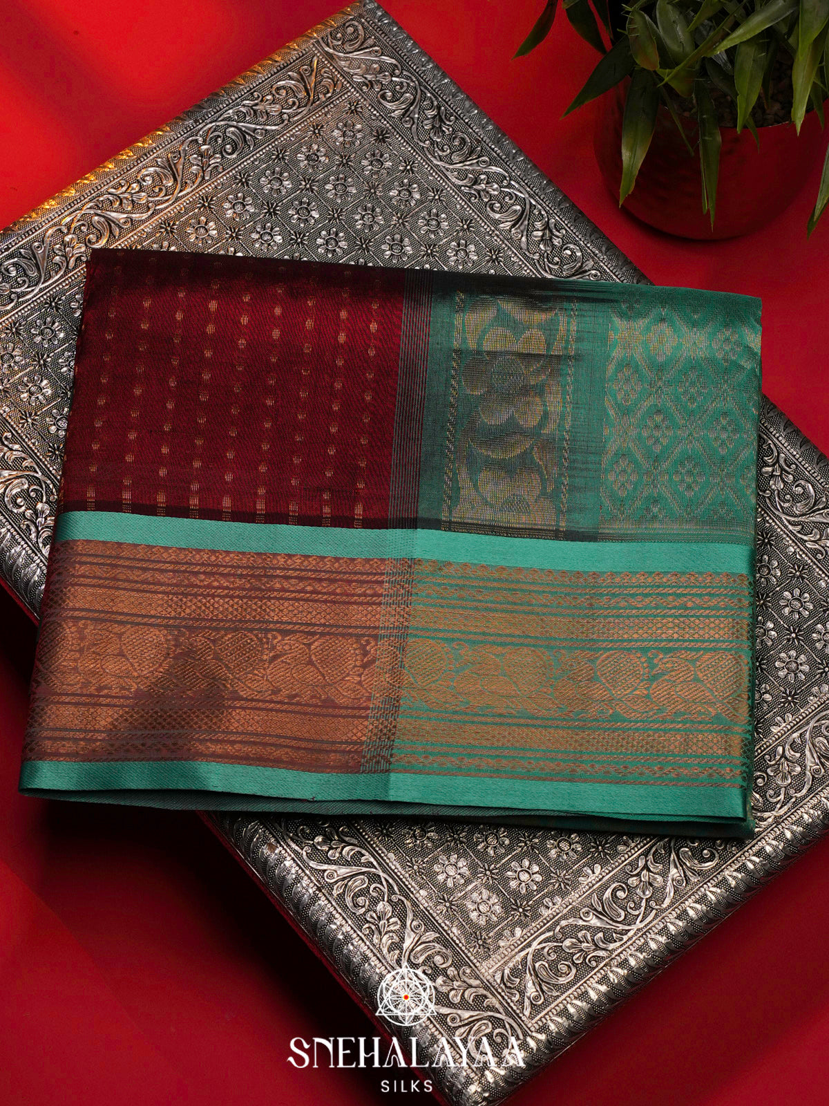 Brick Red Kanchi Silk Cotton Saree with 1000 Buttas