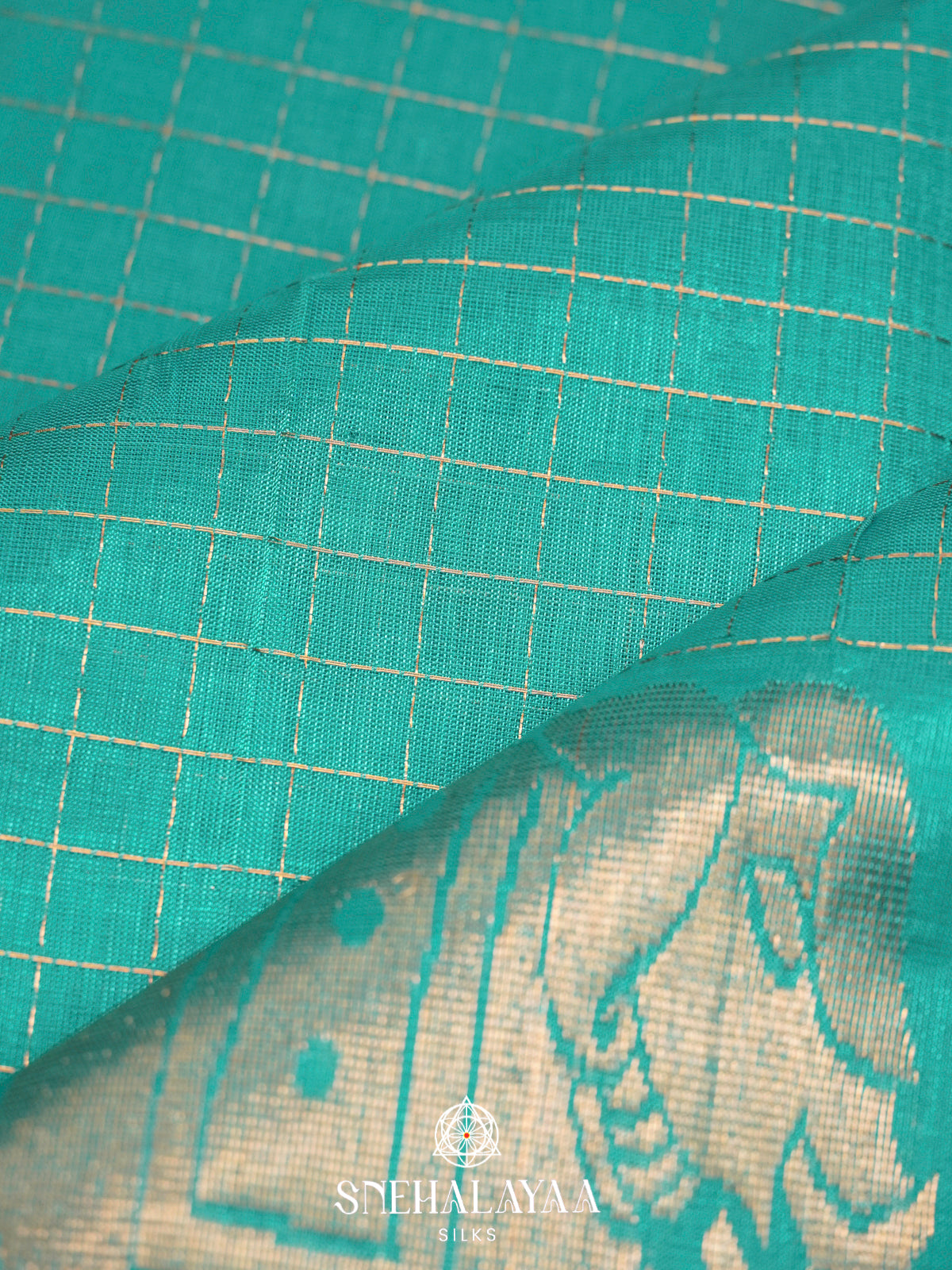 Turquoise Silk Cotton Saree with Purple Zari Border
