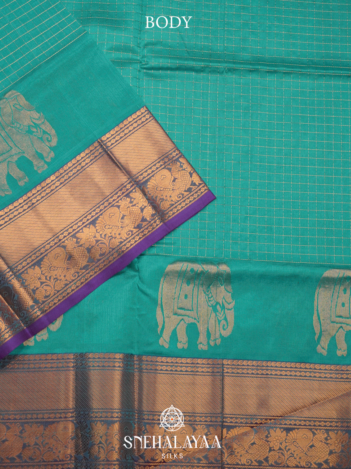 Turquoise Silk Cotton Saree with Purple Zari Border