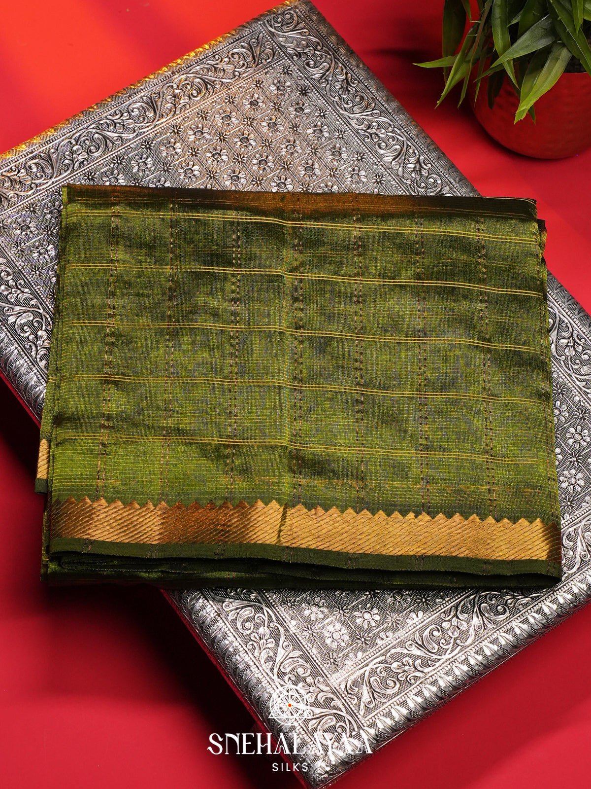 Olive Green Mangalagiri Silk Cotton Saree