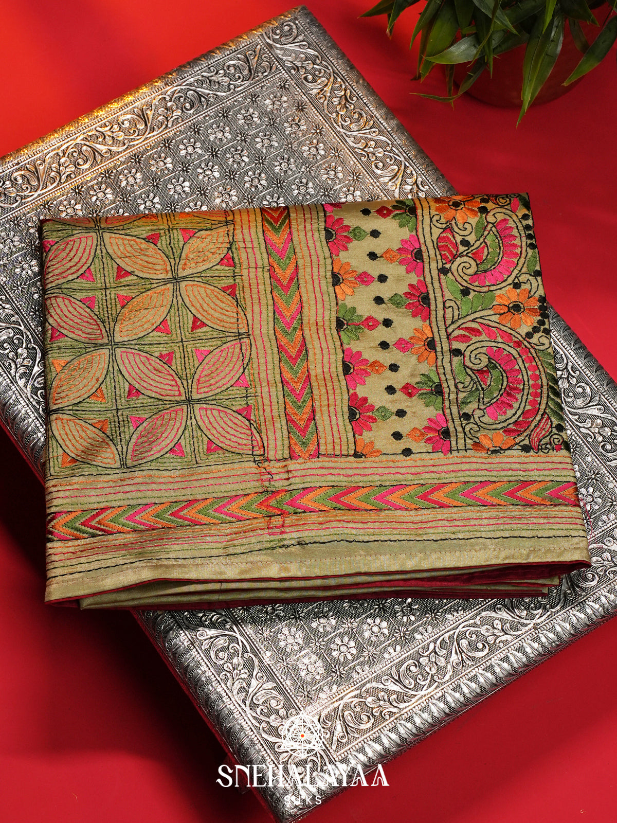 Pista Green Raw Silk Saree