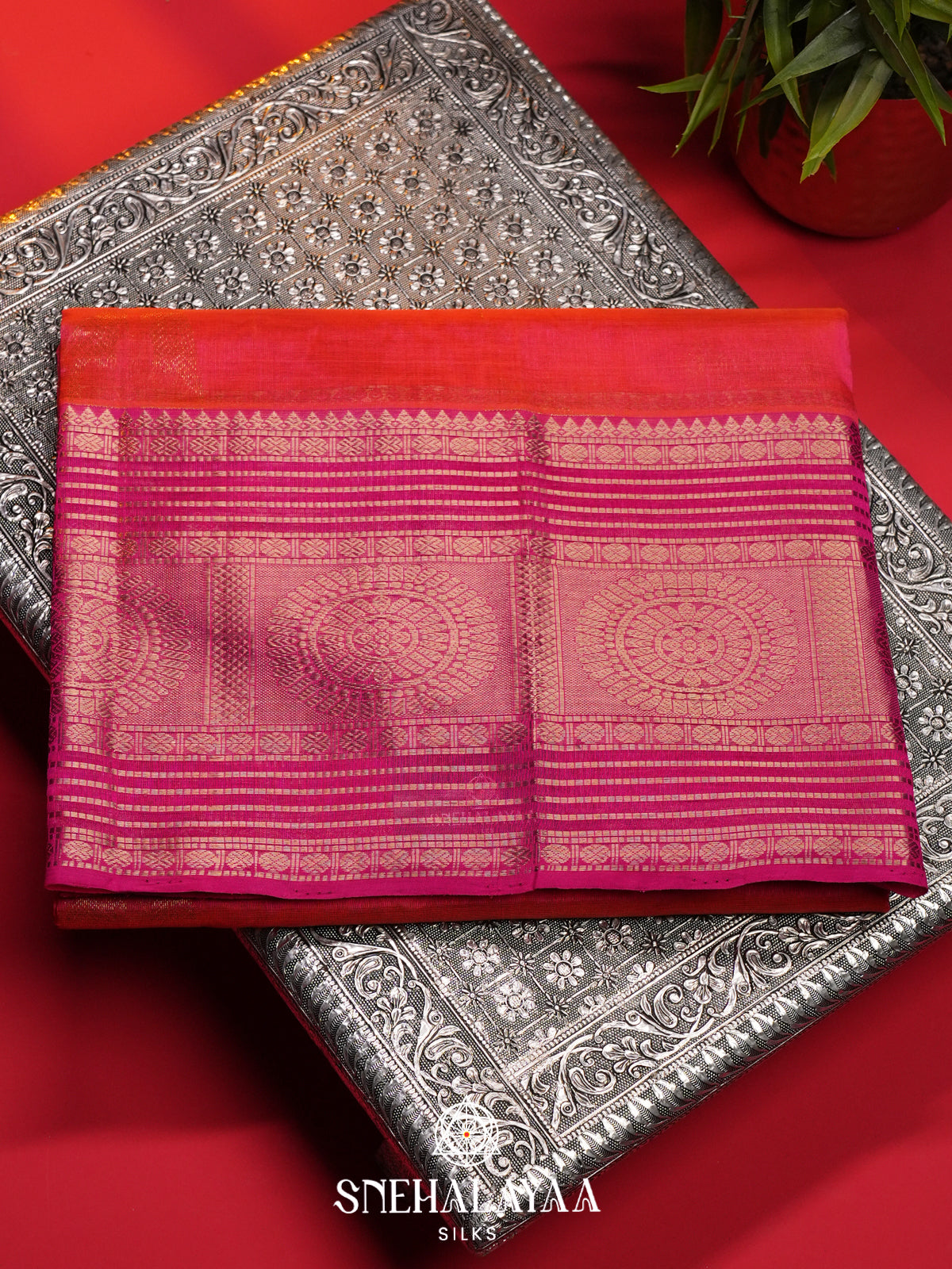 Coral Red Mangalagiri Silk Cotton Saree