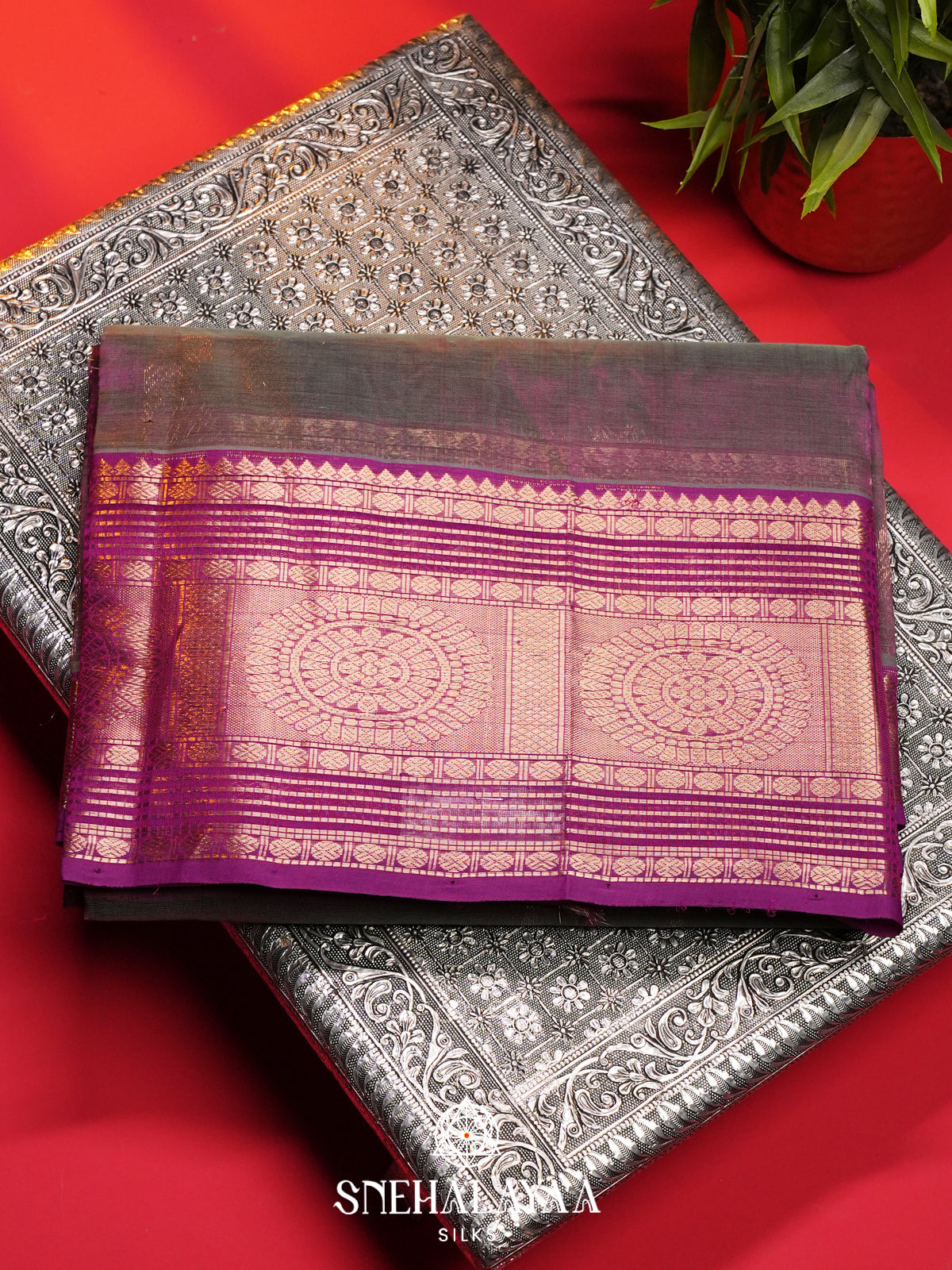 Taupe Mauve Mangalagiri Silk Cotton Saree
