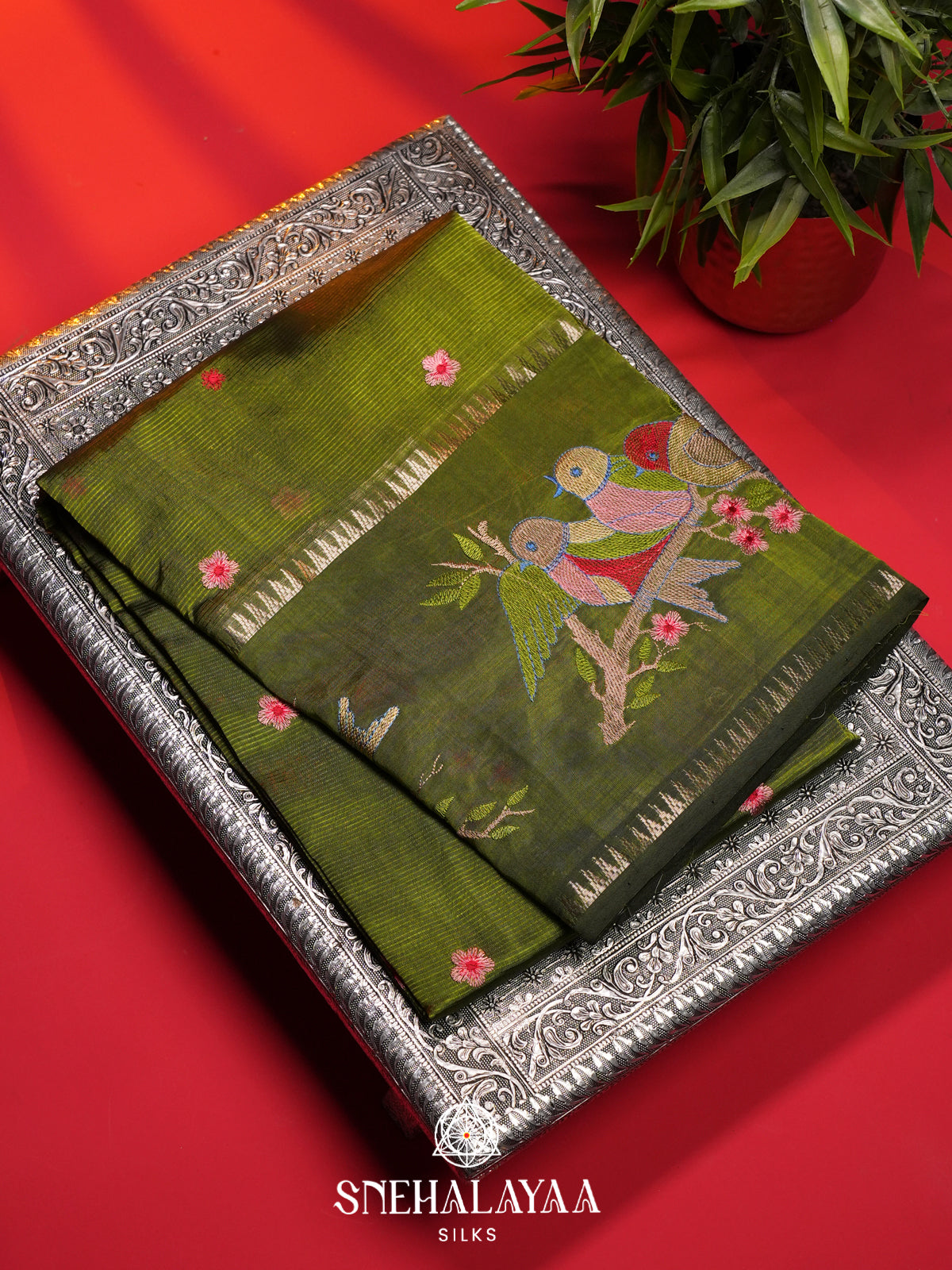 Olive Green Mangalagiri Silk Cotton Saree