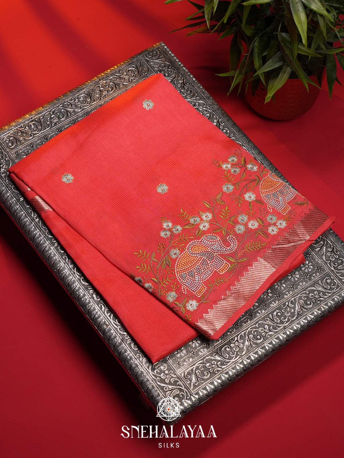 Coral Mangalagiri Silk Cotton Saree