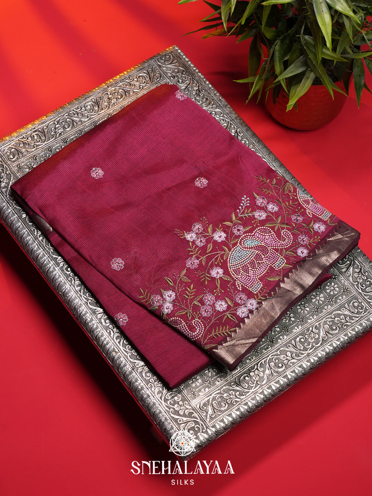 Wine Mangalagiri Silk Cotton Saree