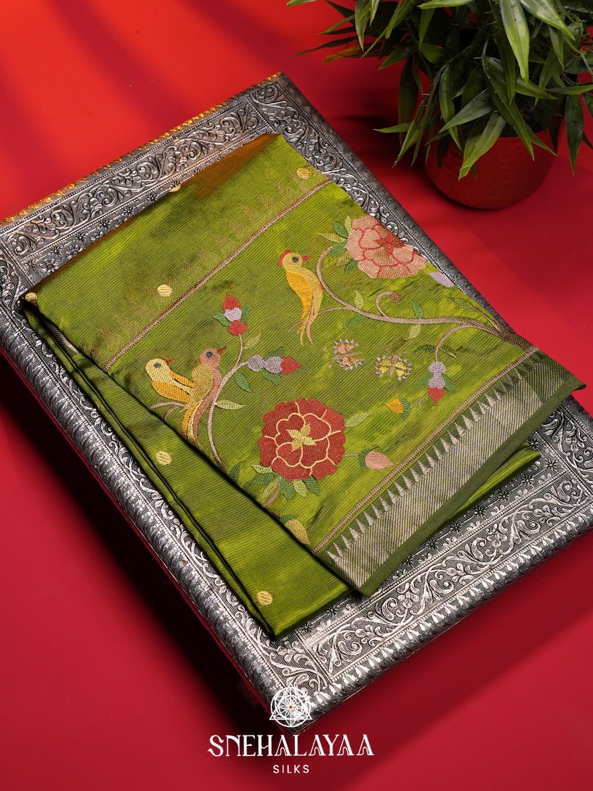 Olive Green Mangalagiri Silk Cotton Saree