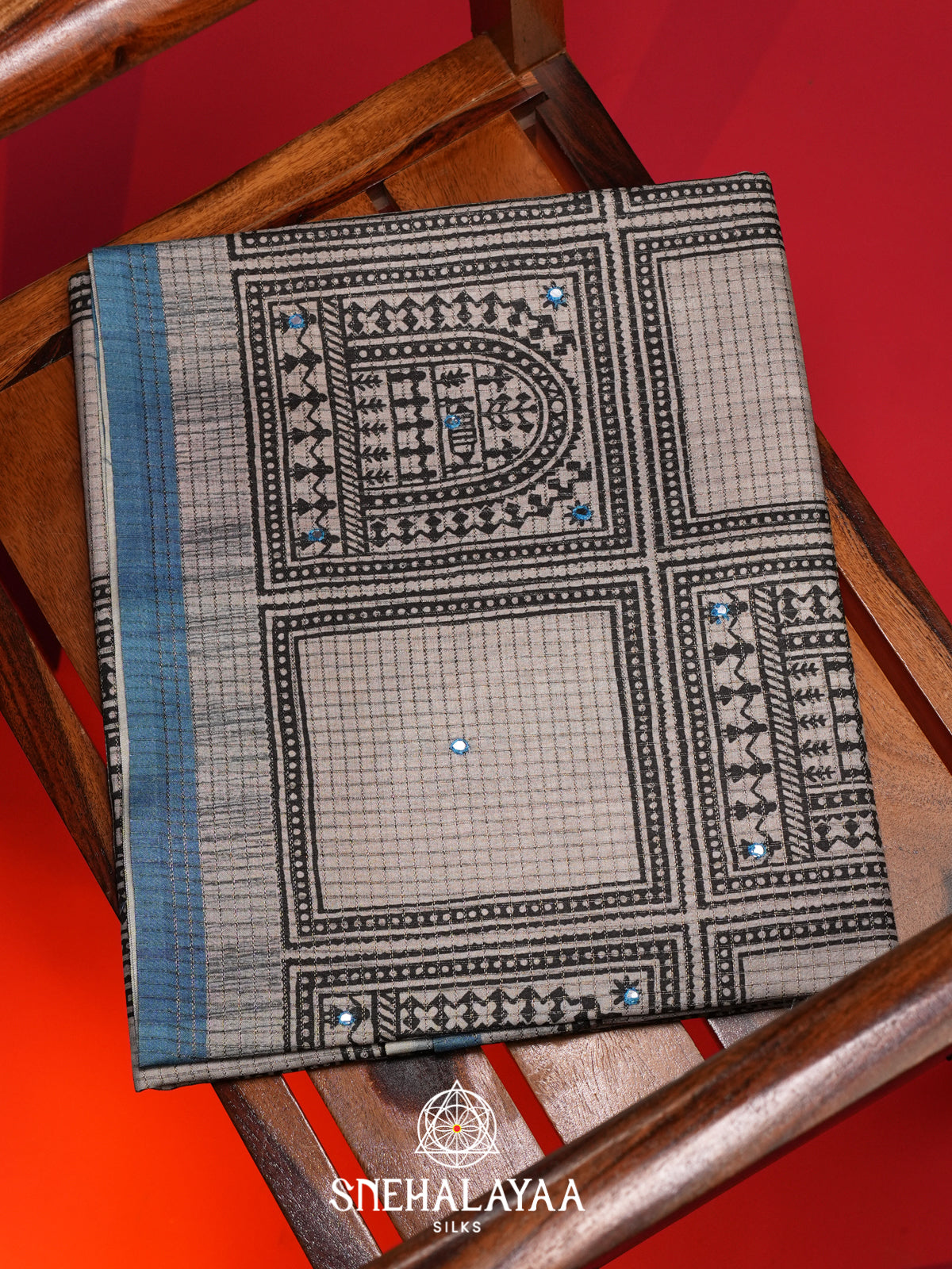 Beige With Blue Tussar Saree