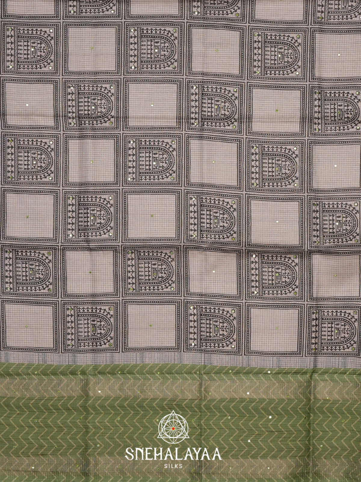 Beige with Green Tussar Saree