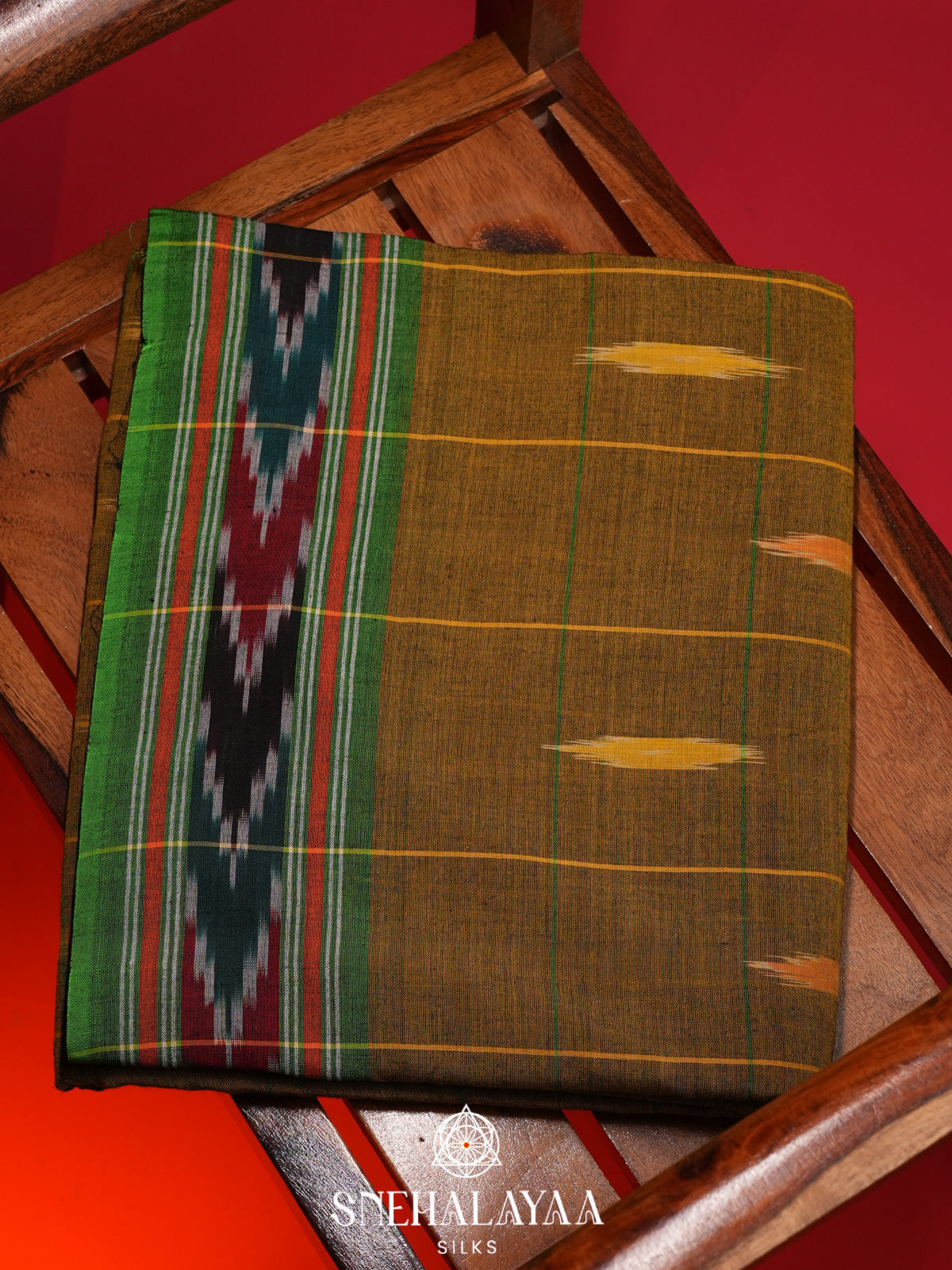 Olive Green Ikkat Cotton Saree