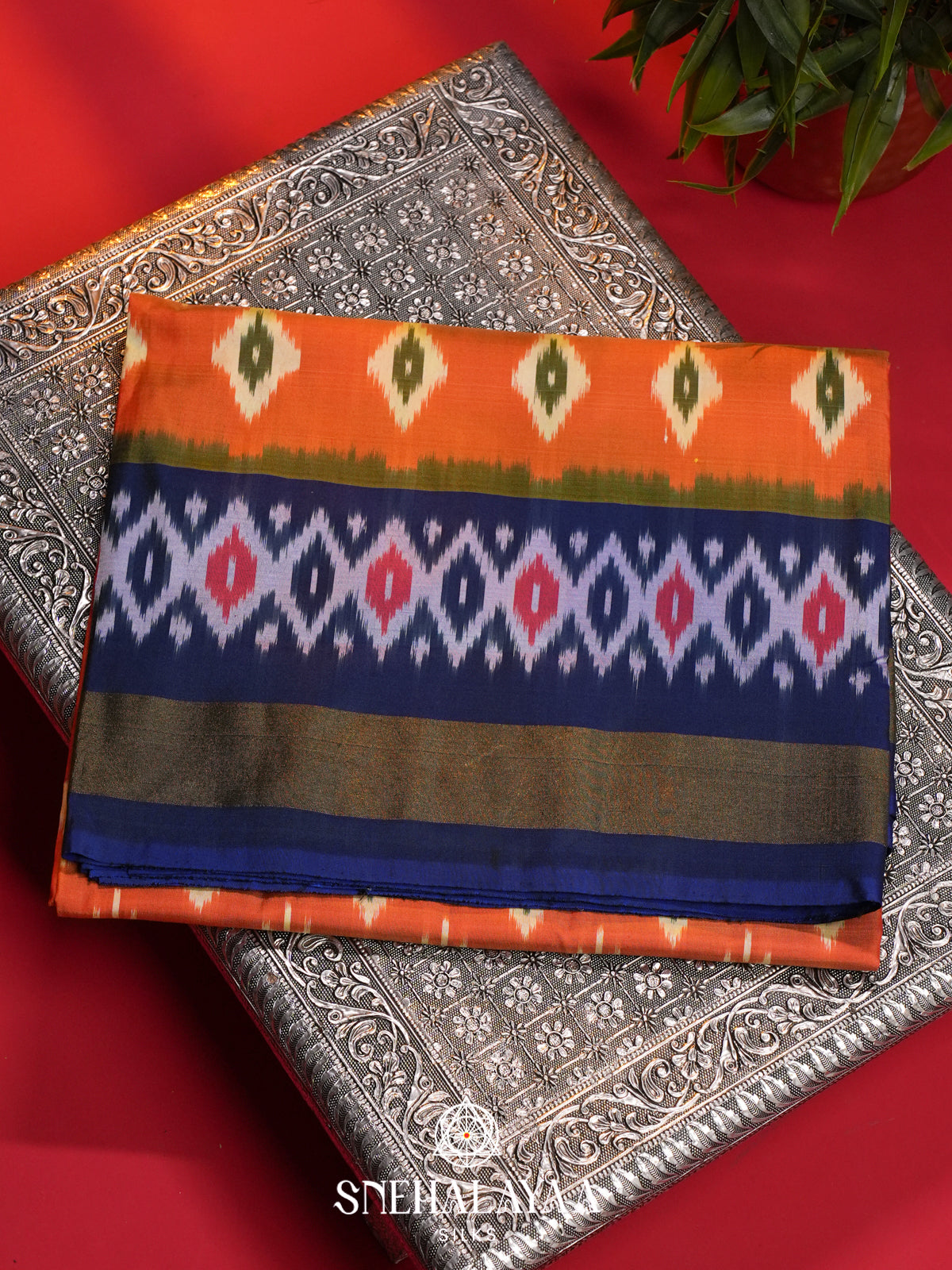 Orange Pochampally Ikat Silk Saree