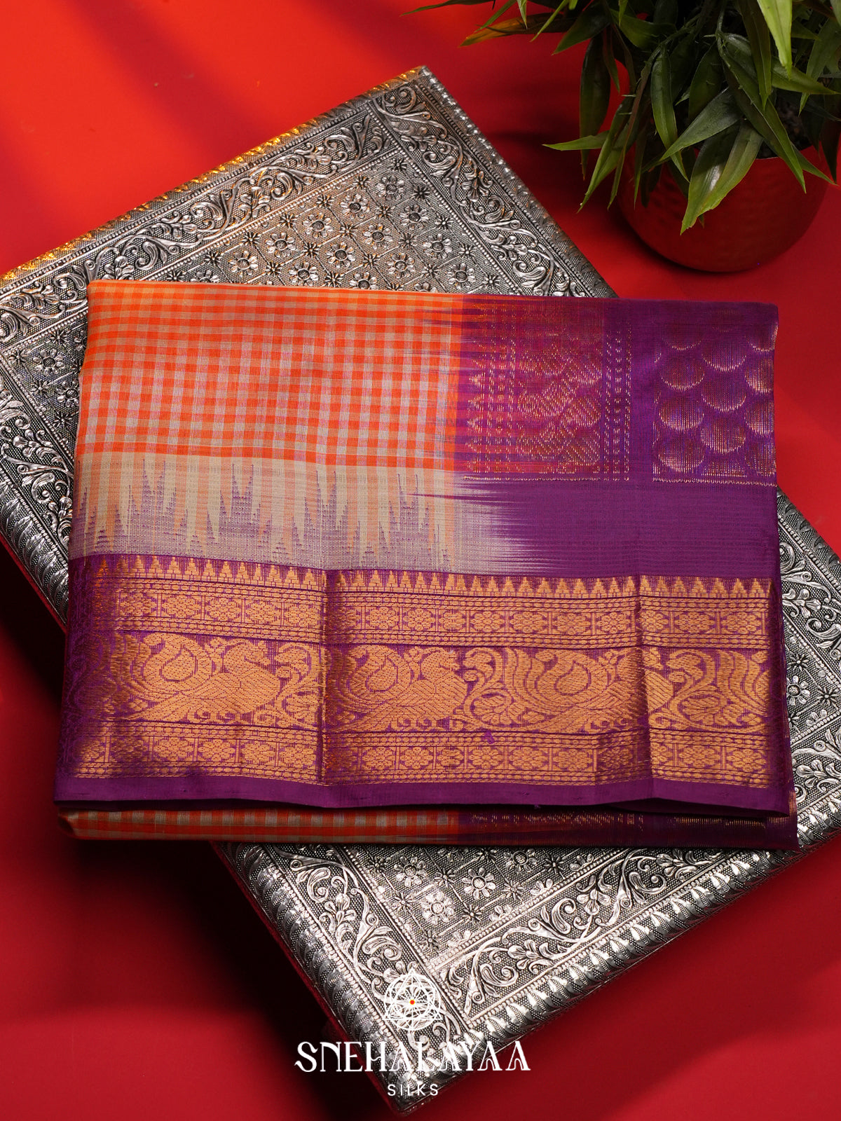 Orange Checks Kanchi Silk Cotton Saree