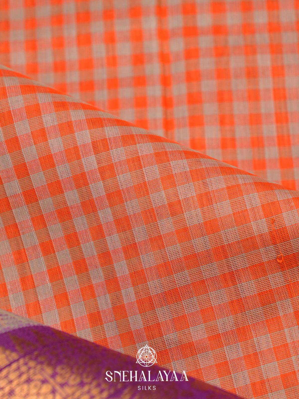 Orange Checks Kanchi Silk Cotton Saree