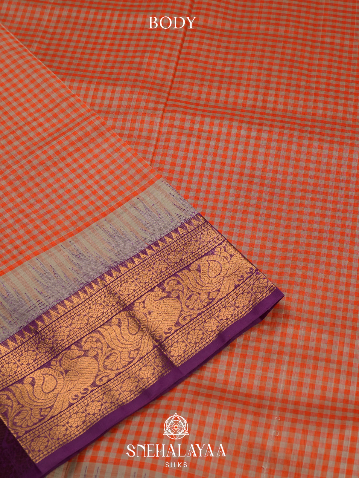 Orange Checks Kanchi Silk Cotton Saree
