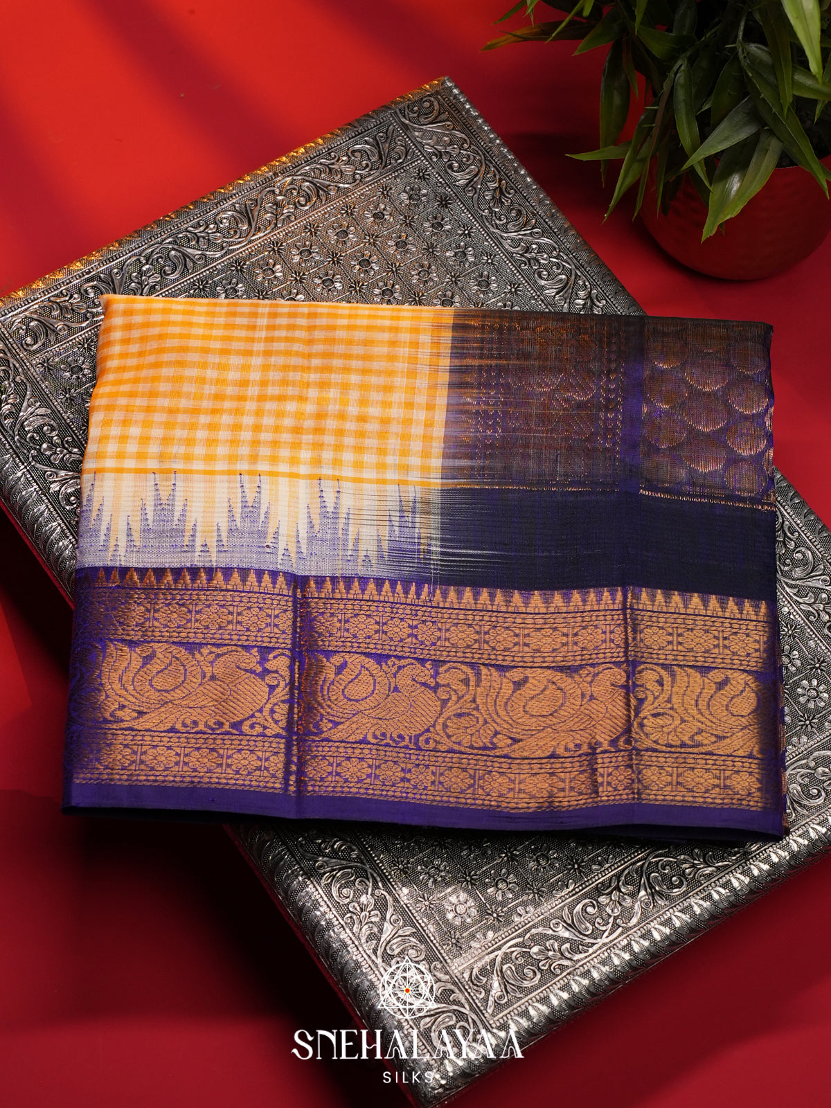 Yellow Checks Kanchi Silk Cotton Saree