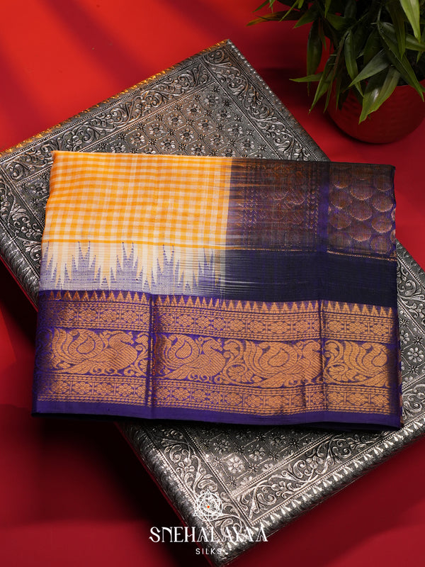 Yellow Checks Kanchi Silk Cotton Saree