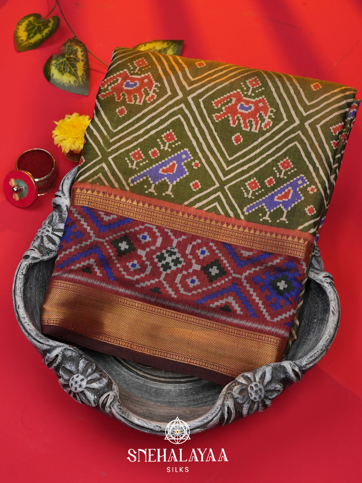 Olive Green Ikkat Saree