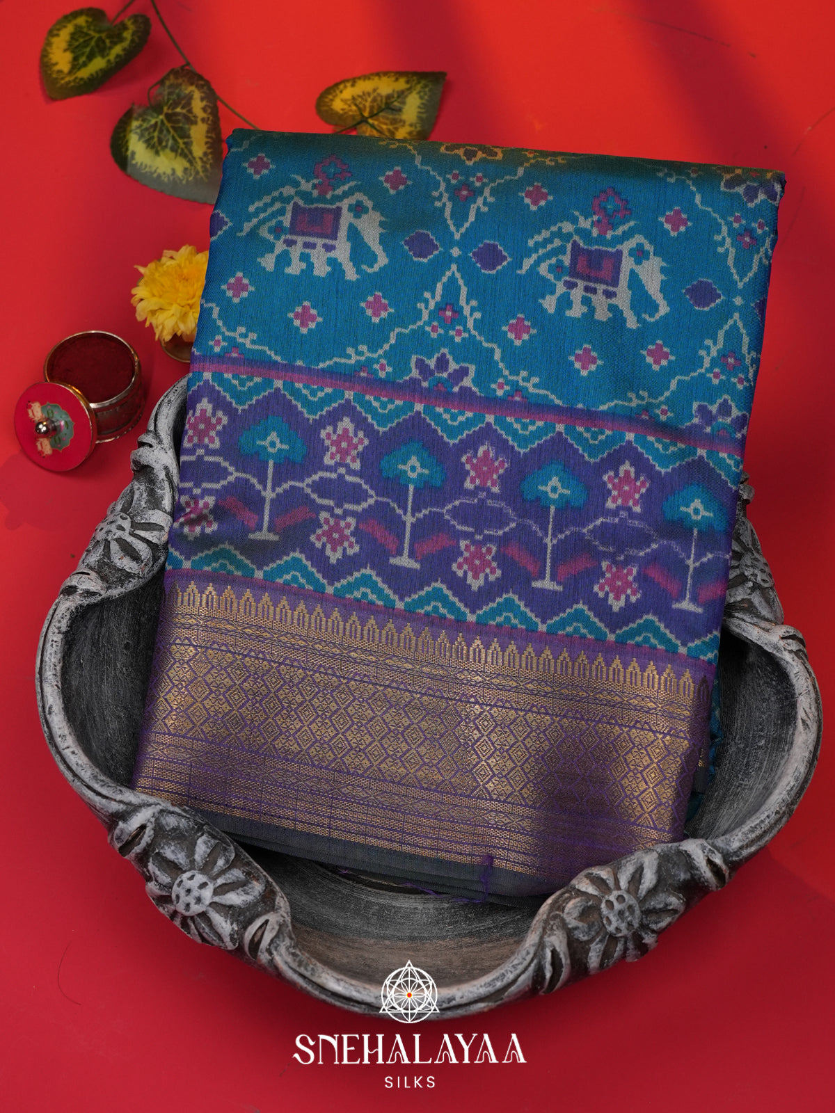 Peacock Blue Ikkat Saree