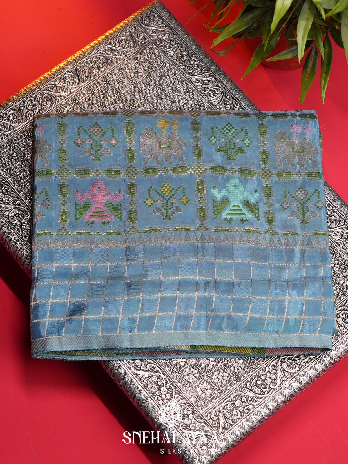 Blue Semi Pochampally Saree With multicolour Traditional Ikkat Weave