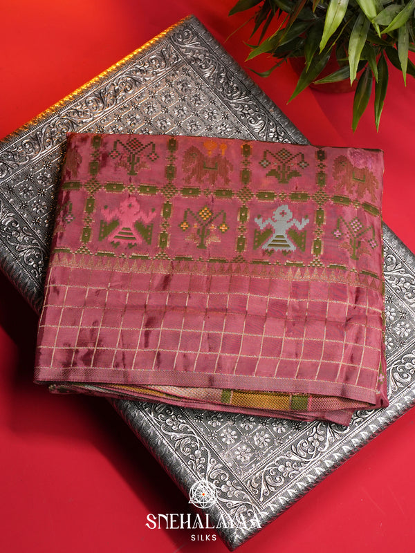Mauve Pink Semi Pochampally Saree With multicolour Traditional Ikkat Weave
