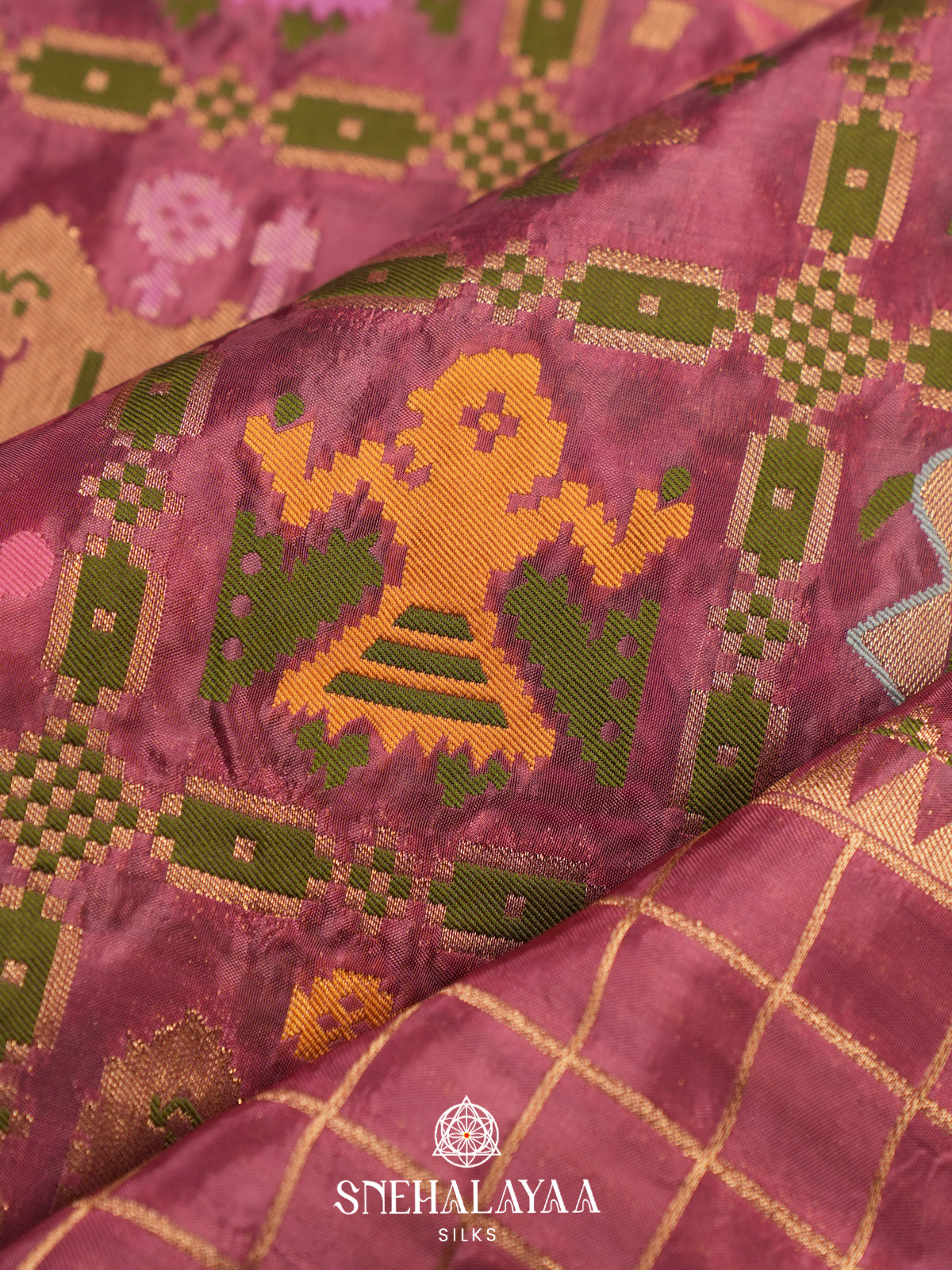Mauve Pink Semi Pochampally Saree With multicolour Traditional Ikkat Weave
