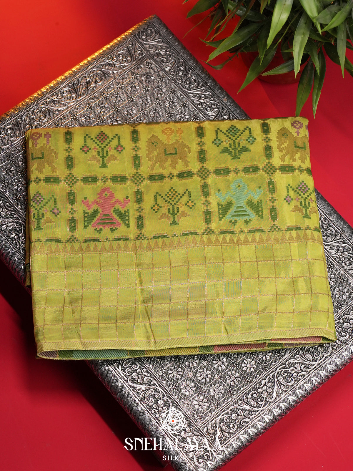 Lime Green Semi Pochampally Saree With multicolour Traditional Ikkat Weave