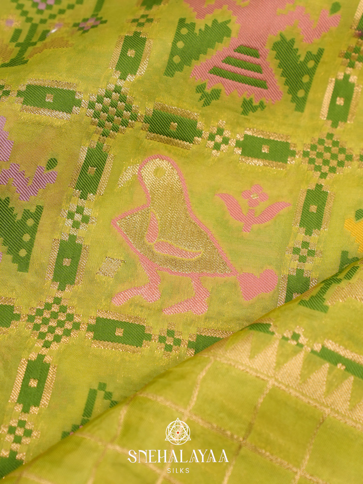 Lime Green Semi Pochampally Saree With multicolour Traditional Ikkat Weave