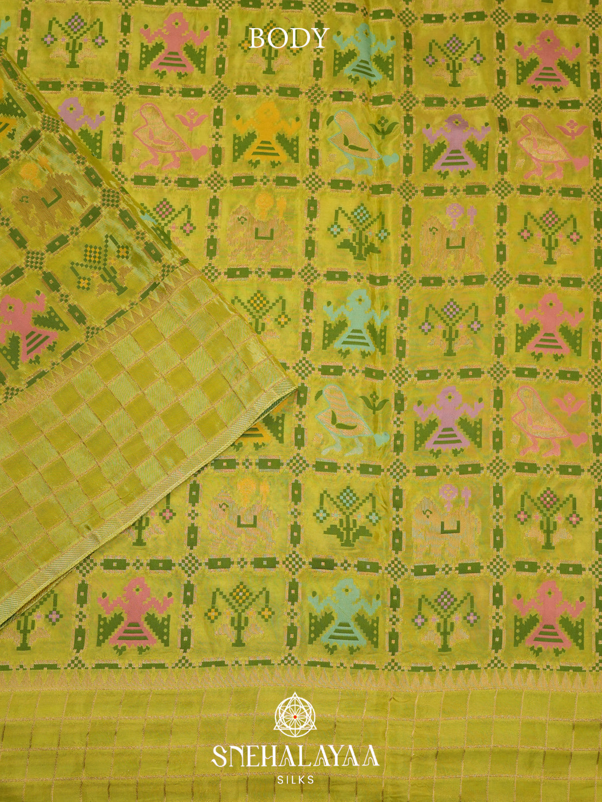 Lime Green Semi Pochampally Saree With multicolour Traditional Ikkat Weave