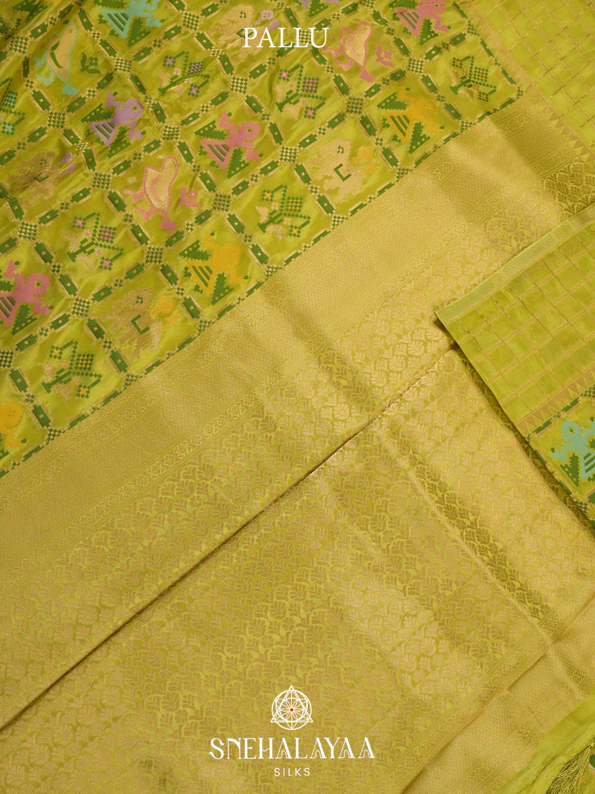 Lime Green Semi Pochampally Saree With multicolour Traditional Ikkat Weave