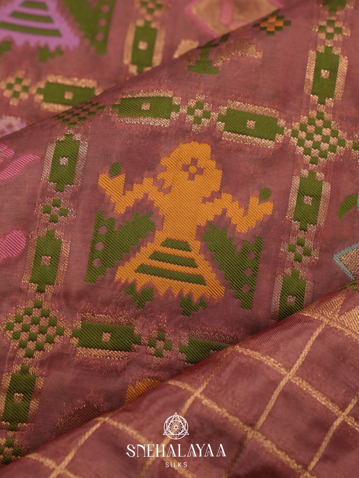 Mauve Pink Semi Pochampally Saree With multicolour Traditional Ikkat Weave