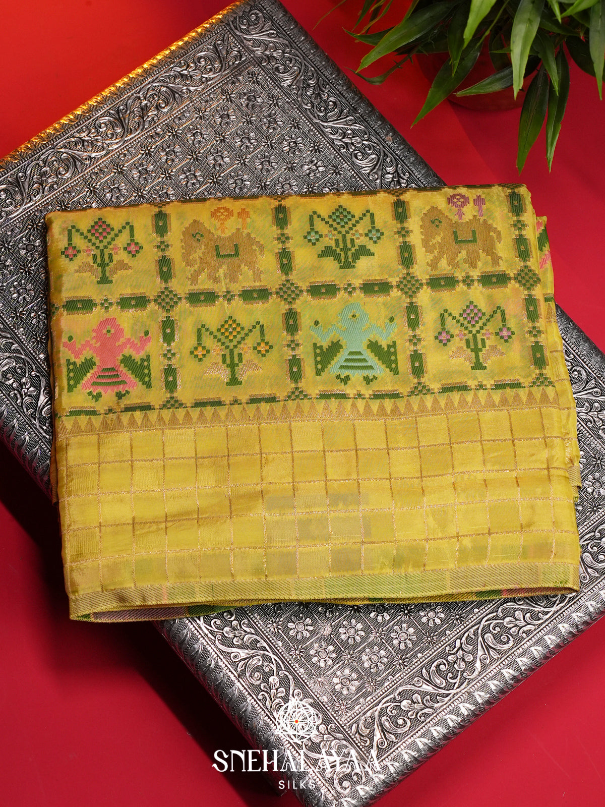 Lemon Yellow Semi Pochampally Saree With multicolour Traditional Ikkat Weave