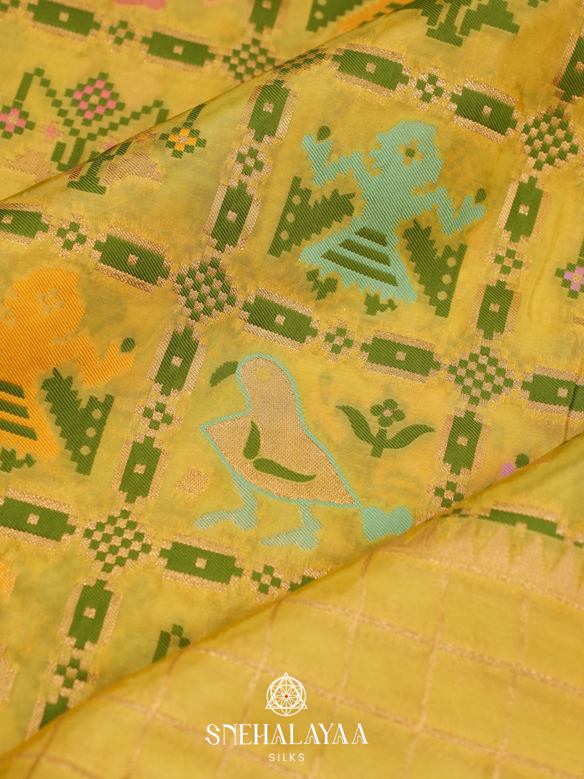 Lemon Yellow Semi Pochampally Saree With multicolour Traditional Ikkat Weave