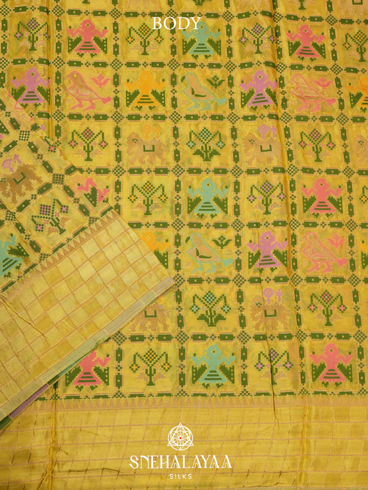 Lemon Yellow Semi Pochampally Saree With multicolour Traditional Ikkat Weave