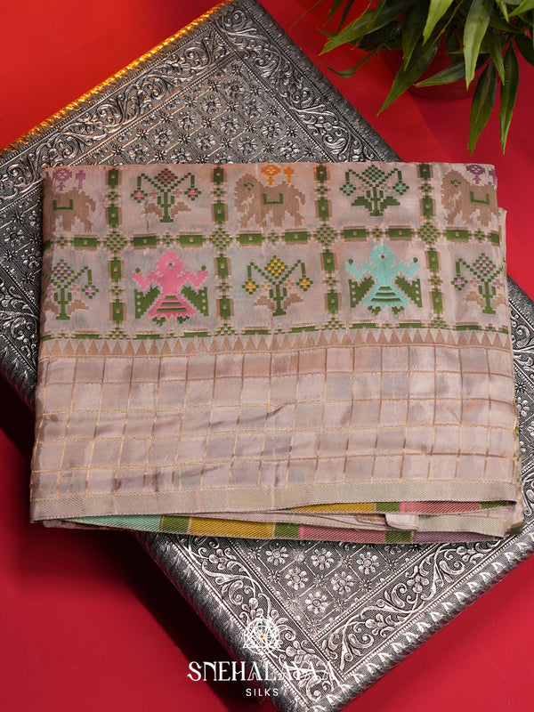 Beige Semi Pochampally Saree With multicolour Traditional Ikkat Weave